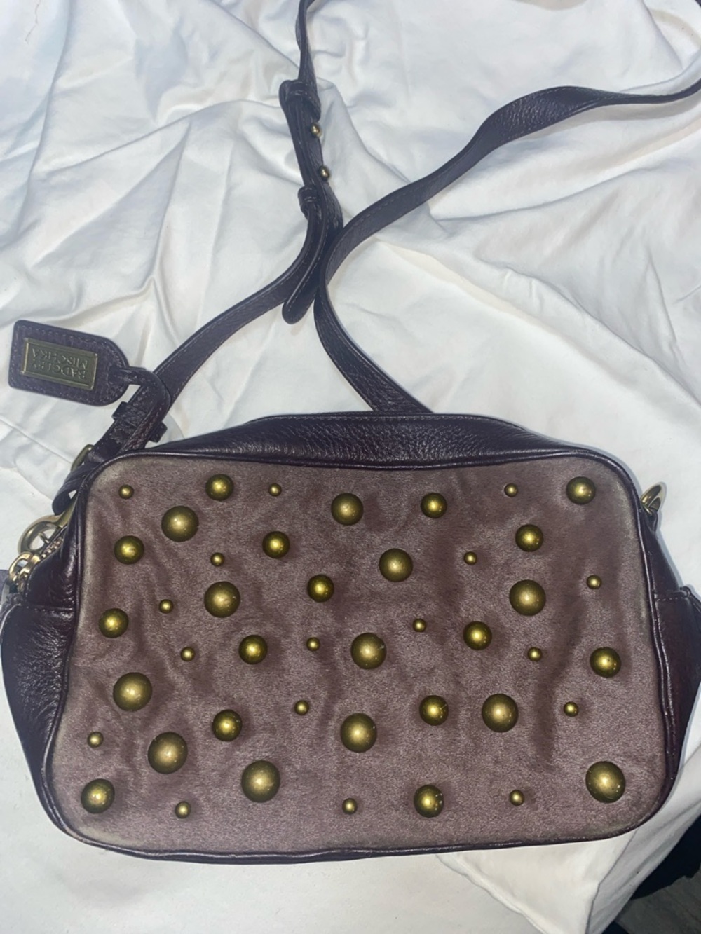 Badgley Mischka Brown Leather & Suede Crossbody with Gold Studs.